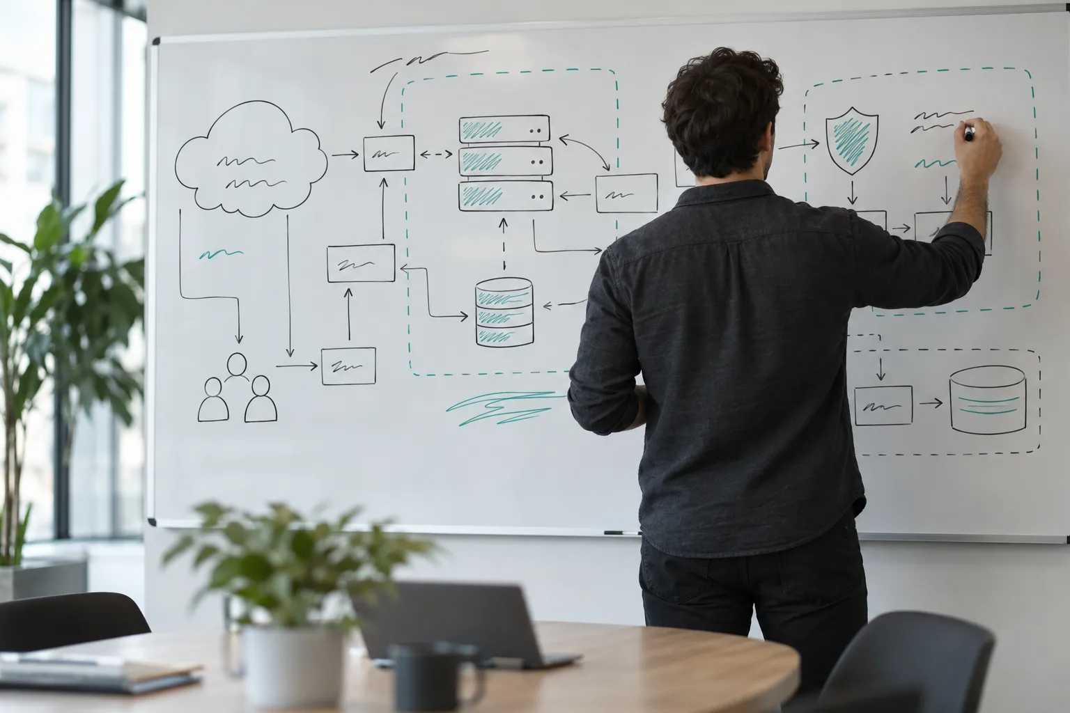 Whiteboard threat-model diagram with trust boundaries