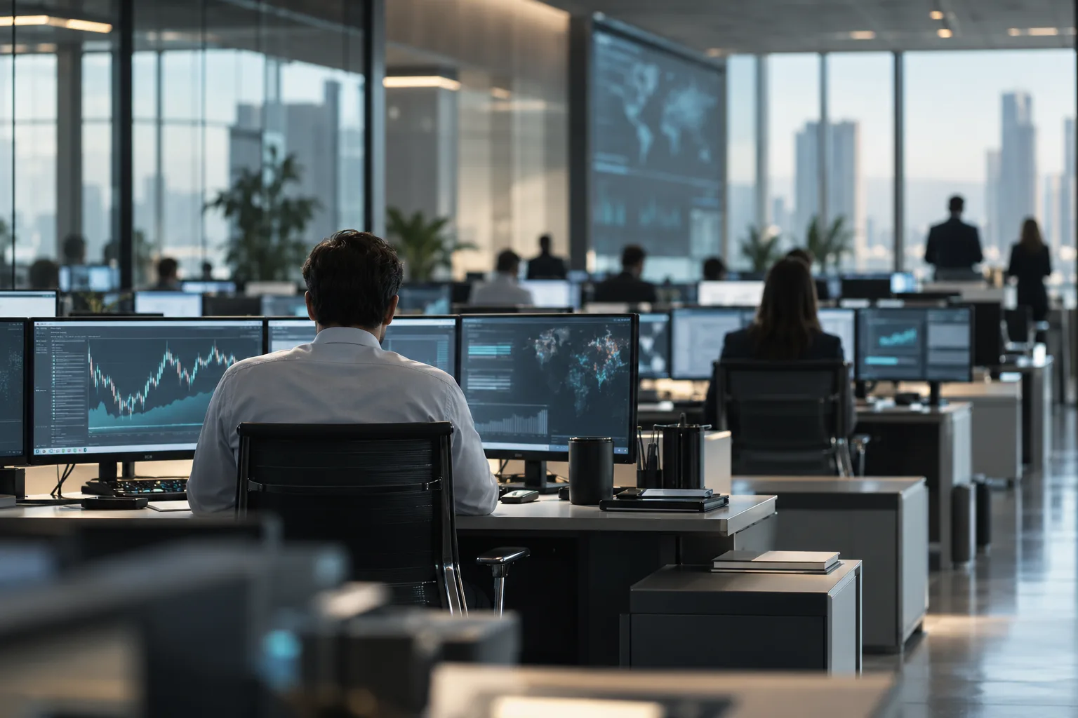 Open office with monitors showing financial charts