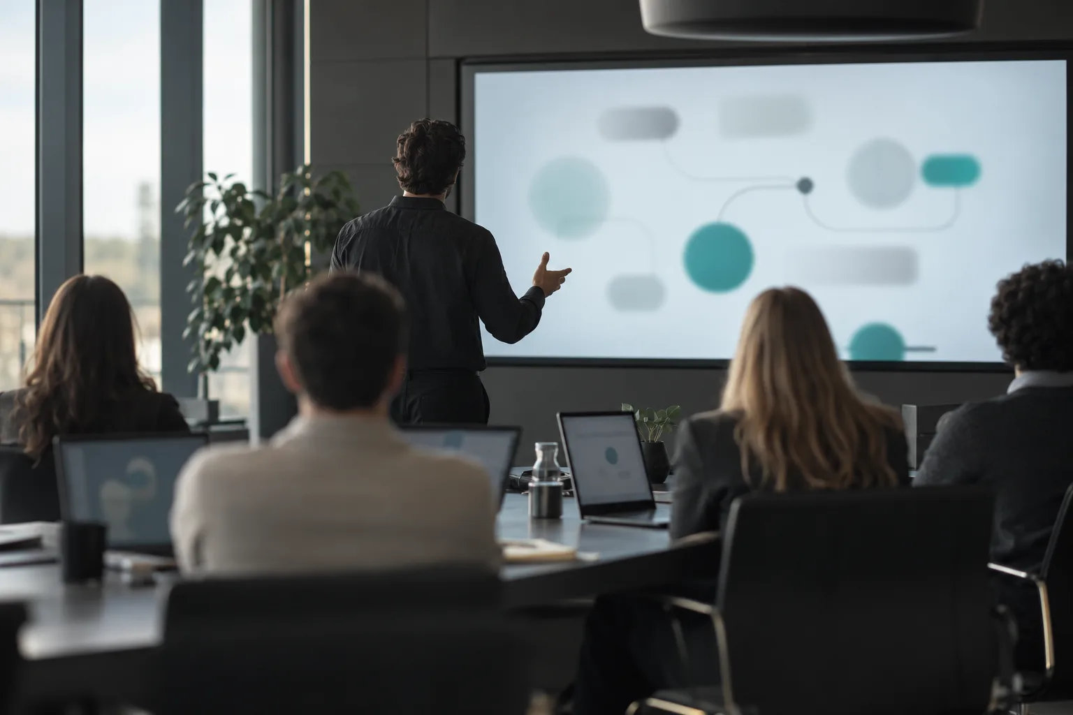 Workshop in a meeting room with a presenter at a large screen