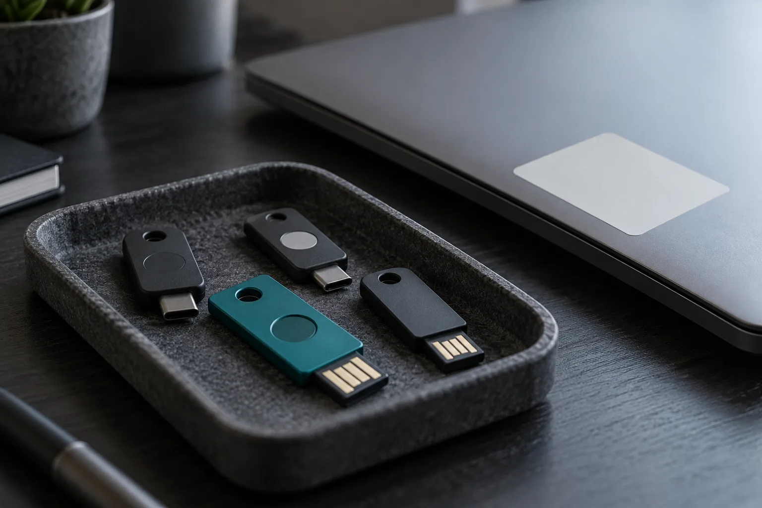 Hardware security keys on a desk