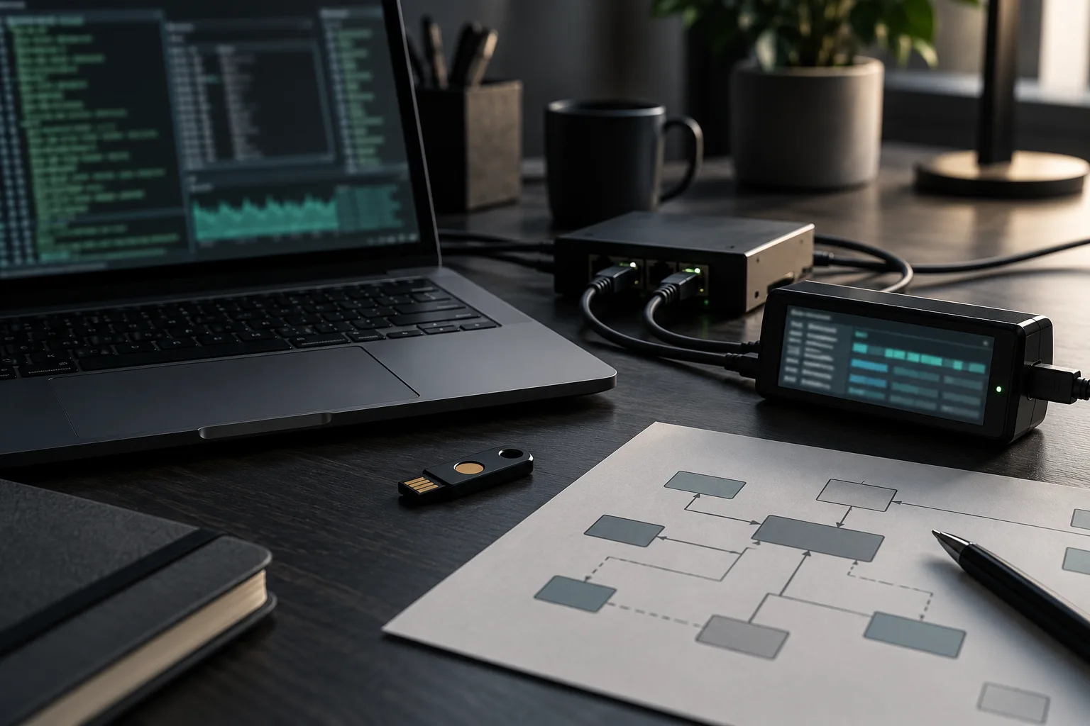 Security engineer's desk with a hardware key and network analyzer