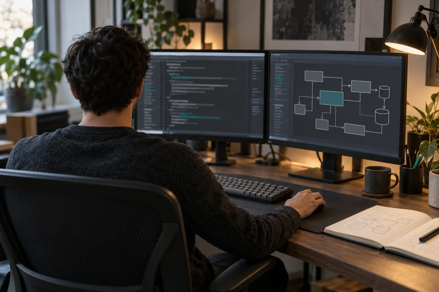 Engineer at a dual-monitor desk with an architecture diagram on screen